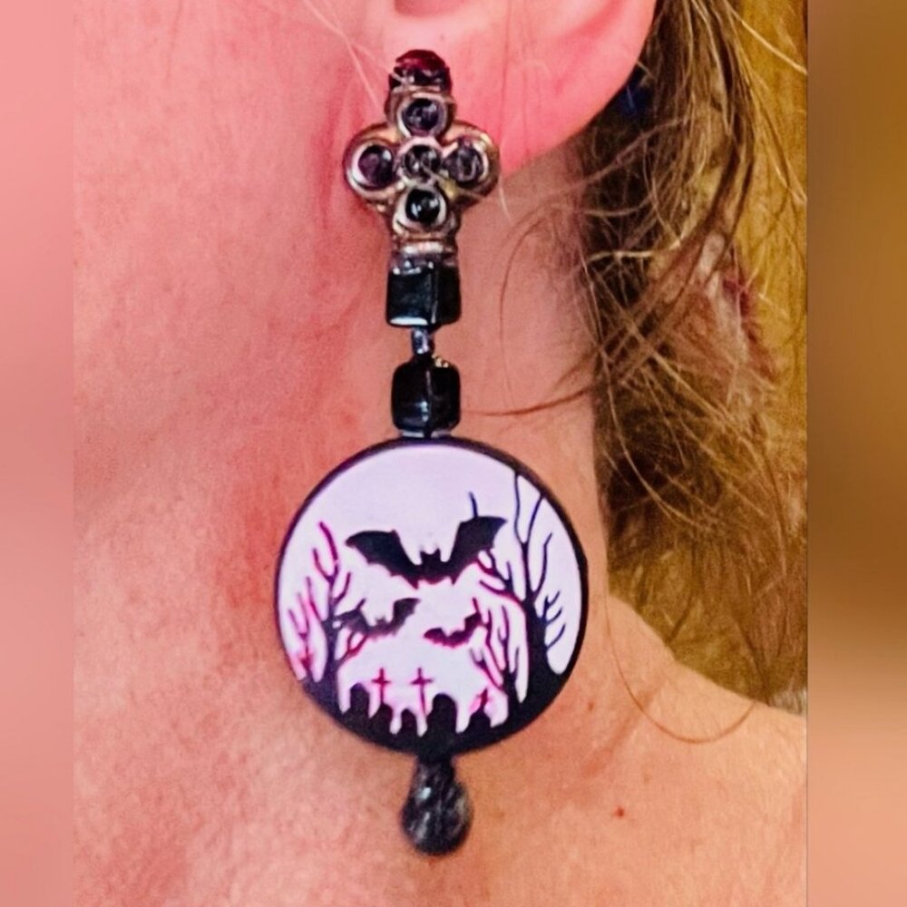 Pair Handmade Gothic Bats Cemetery Cross Earrings Black White Red Pierced Dangle